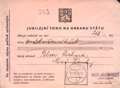 Richard Bloor's certificate for the Jubilee fund for the defence of the nation issued in Zlin in 1933.