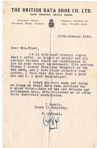 Sympathy Letter from F Dolezal to Mrs Frost