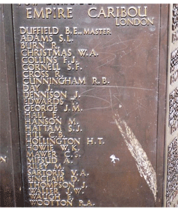 Horace Hollington listed on the War Memorial to the Royal Navy at Tower Hill, London