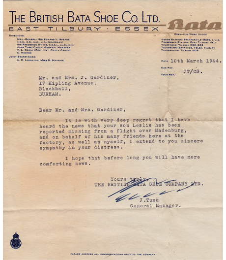 Letter of sympathy from John Tusa, General Manager dated March 1944.